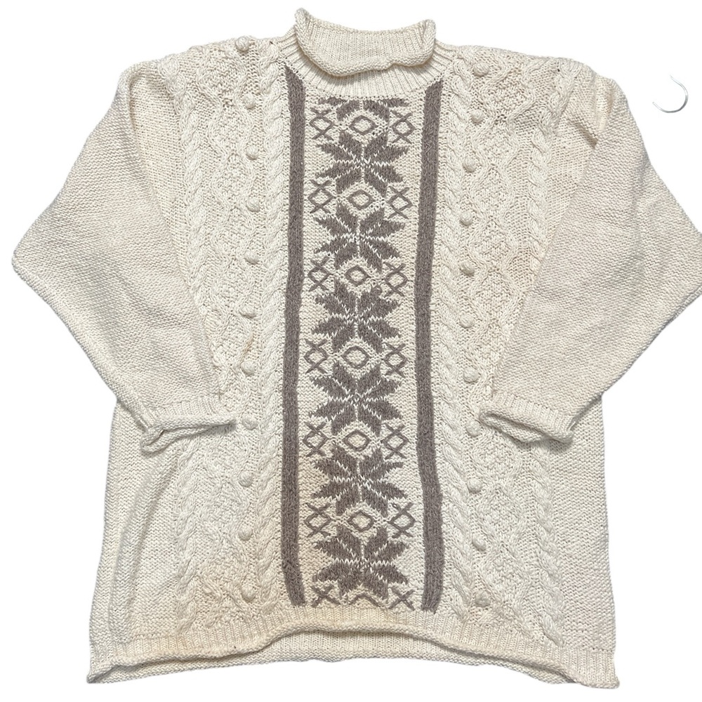 Jacque & KoKo Ivory Cable Knit Fair Isle Sweater 22/24 — Cabincore Cozy Winter